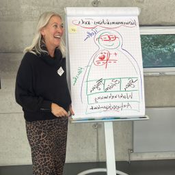 Susanne Maisch steht vor einer Gruppe von Menschen und schaut auf ein Flipchart.