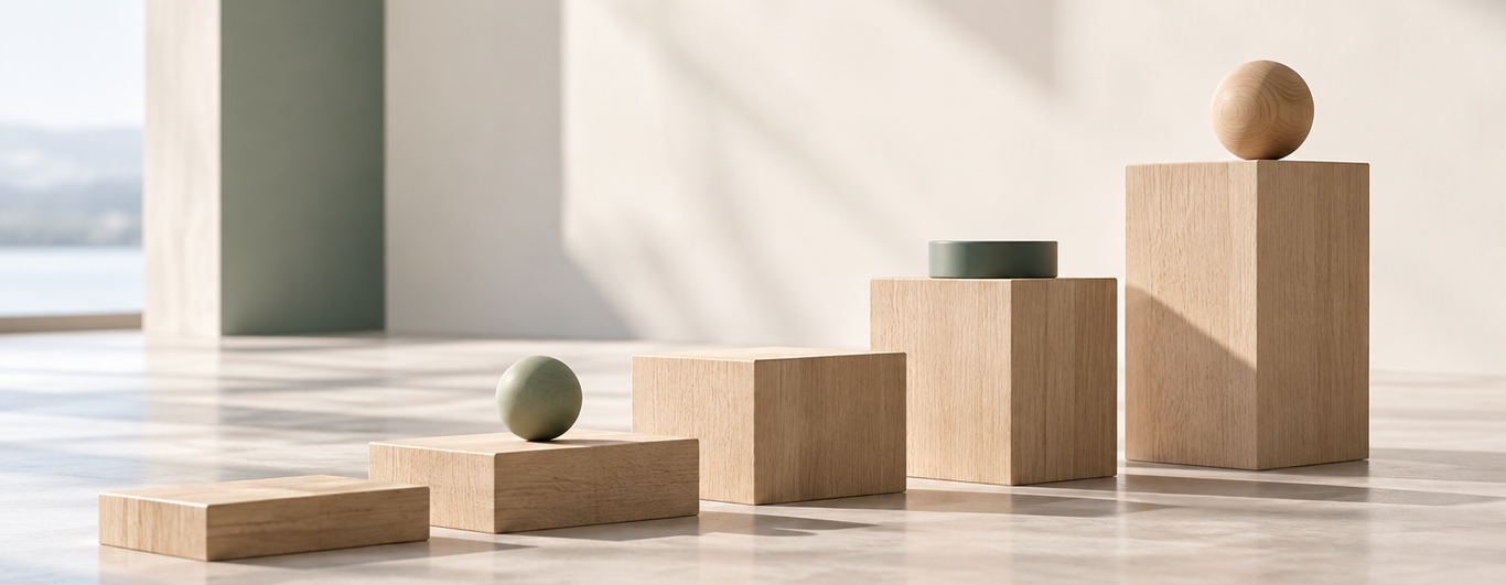 Minimalistische Holzstufen mit Kugeln als Symbol für Führungskräfteentwicklung, Orientierung und wachsende Verantwortung